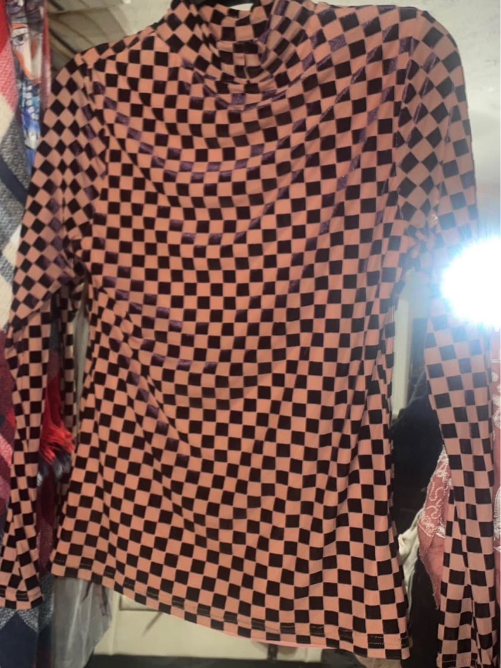 Kori Checkerboard Mock Neck Long-  Velvet Sleeve Top in Peach and Black